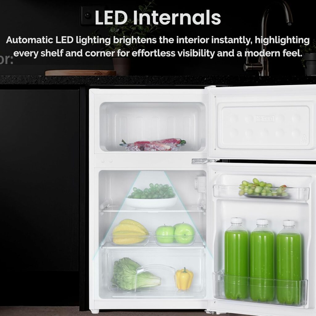 Teknix UCFFH48W 48cm Freestanding Under Counter Fridge Freezer in White - 85 Litre Capacity - 4 Star Freezer Rating - 2 Doors - Adjustable Temperature Control - LED Light           [Energy Class E]