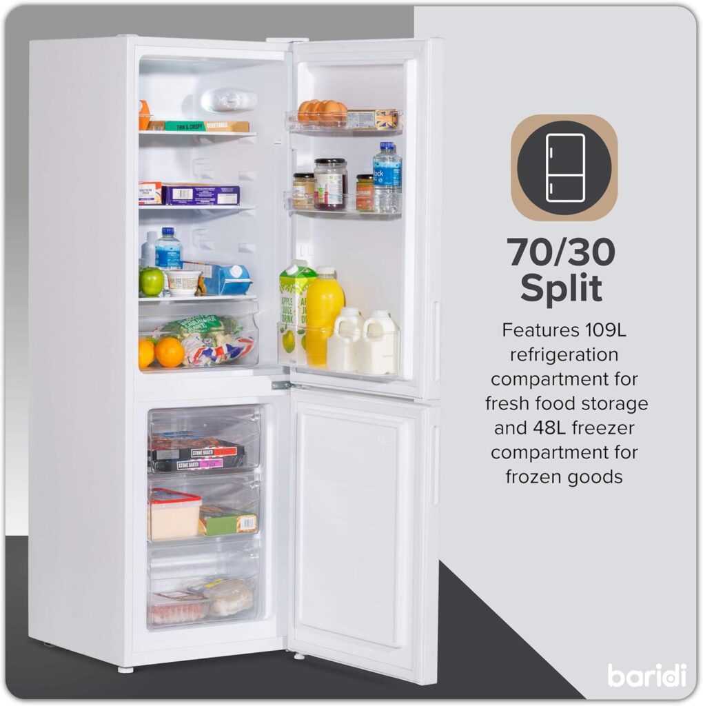 Baridi 47cm 70/30 Fridge Freezer with Adjustable Thermostat, 157L Capacity - White - DH252          [Energy Class E]