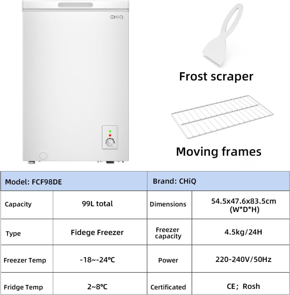 CHiQ Chest Freezer 99L, 4 Star Freezing, E, 12-Year Compressor Service, Thermostat Control, Wire-rack, Hovering Door, Low noise, For Garage, Dorm, White          [Energy Class E]