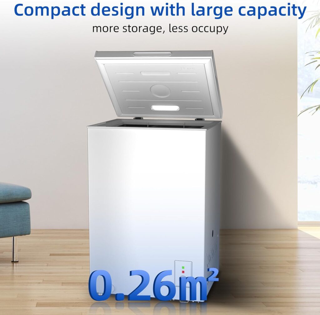 CHiQ Chest Freezer 99L, 4 Star Freezing, E, 12-Year Compressor Service, Thermostat Control, Wire-rack, Hovering Door, Low noise, For Garage, Dorm, White          [Energy Class E]