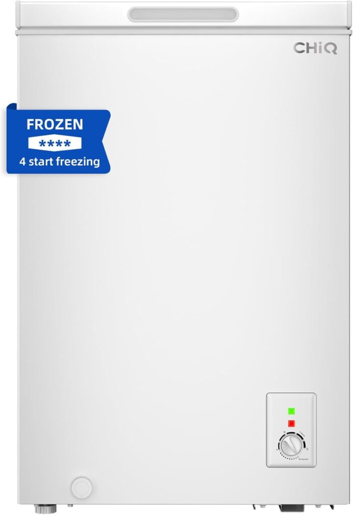 CHiQ Chest Freezer 99L, 4 Star Freezing, E, 12-Year Compressor Service, Thermostat Control, Wire-rack, Hovering Door, Low noise, For Garage, Dorm, White          [Energy Class E]