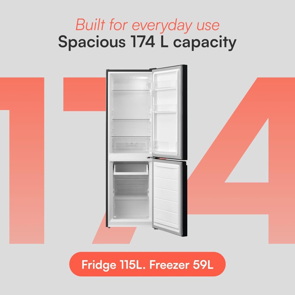 Cookology CFF174BK Freestanding Fridge Freezer in Black - 174l Capacity - Static Cooling - Adjustable Temperature Control, Shelves  Legs - Reversible Doors - LED Light - 4 Star Freezer Rating          [Energy Class E]