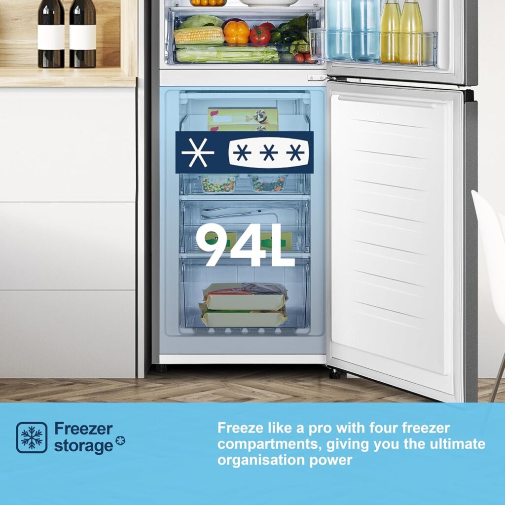 Fridgemaster MC55240ES 55cm Freestanding 252L 50/50 Fridge Freezer - LED Lighting, Silver - E Rated, H174.3 x W55.4 x D55.8 (cm)          [Energy Class E]