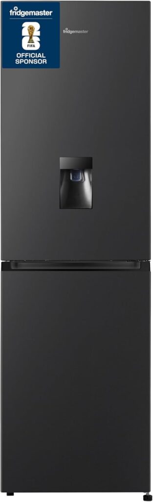 Fridgemaster MC55251DEB 55cm Freestanding 256 litre 50/50 Fridge Freezer with Non-plumbed Water Dispenser - Frost Free - LED Lighting- 4 Star Freezer Rating -Black - E Rated, H182.4 x W55 x D55.7 (cm)          [Energy Class E]