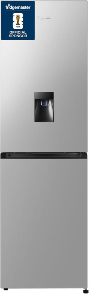 Fridgemaster MC55251DES 55cm Freestanding 256 litre 50/50 Frost Free Fridge Freezer with Non-plumbed Water Dispenser - LED Lighting- 4 Star Freezer Rating -Silver - E Rated, H182.4 x W55 x D55.7 (cm)          [Energy Class E]