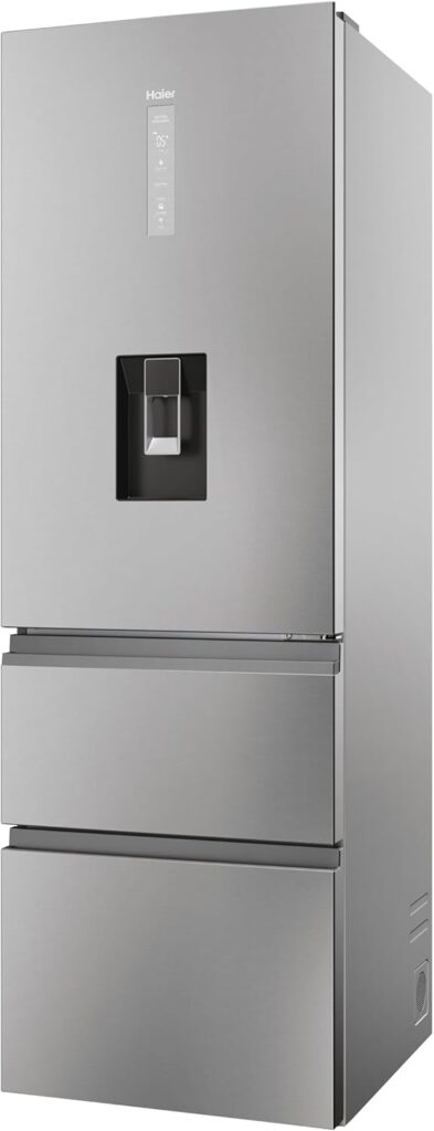 Haier 3D 60 Series 5 Freestanding Fridge Freezer with Water Dispenser, 3 Doors, Total No Frost, E Class, 357L Total Capacity, hOn App, AI  Wi-Fi Connected, Silver, 60x67x185 cm - HTW5618EWMG          [Energy Class E]