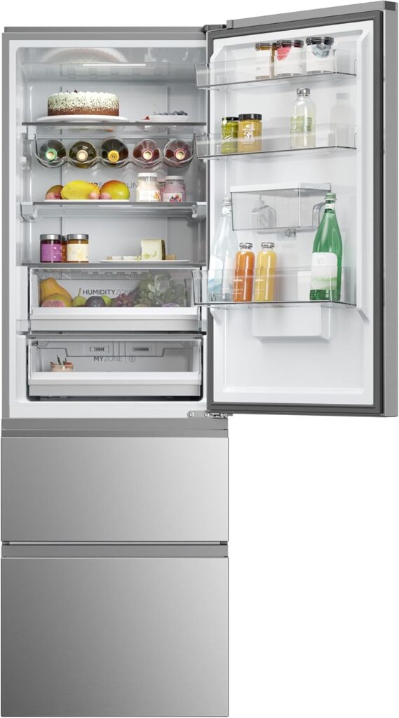 Haier 3D 60 Series 5 Freestanding Fridge Freezer with Water Dispenser, 3 Doors, Total No Frost, E Class, 357L Total Capacity, hOn App, AI  Wi-Fi Connected, Silver, 60x67x185 cm - HTW5618EWMG          [Energy Class E]