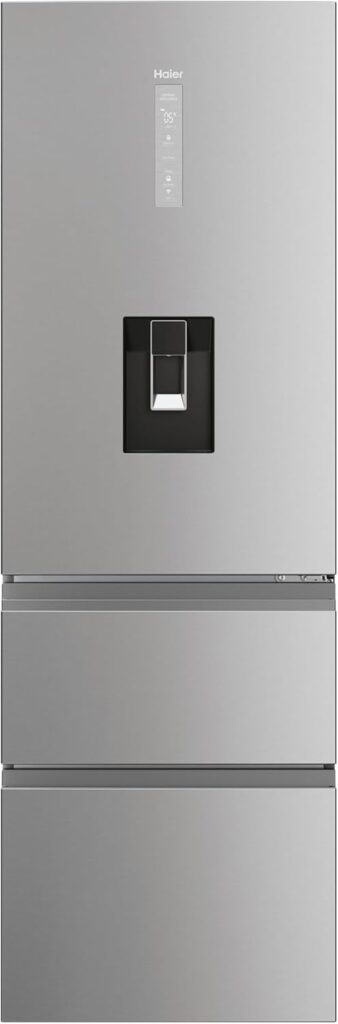 Haier 3D 60 Series 5 Freestanding Fridge Freezer with Water Dispenser, 3 Doors, Total No Frost, E Class, 357L Total Capacity, hOn App, AI  Wi-Fi Connected, Silver, 60x67x185 cm - HTW5618EWMG          [Energy Class E]