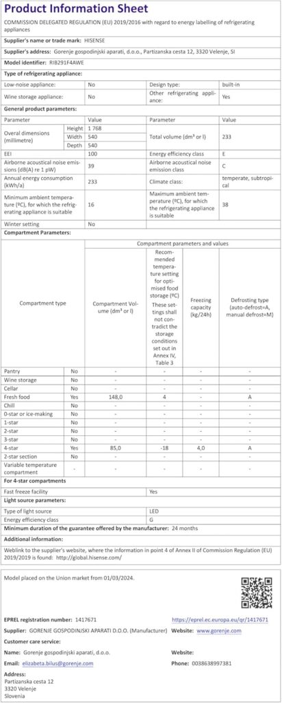 Hisense RIB291F4AWE Built in Frost Fres Fridge Freezer, Multi Air Flow, Electronic Control, Multi Air Flow, Sliding hinge 54D x 54W x 176.8H cm, White          [Energy Class E]