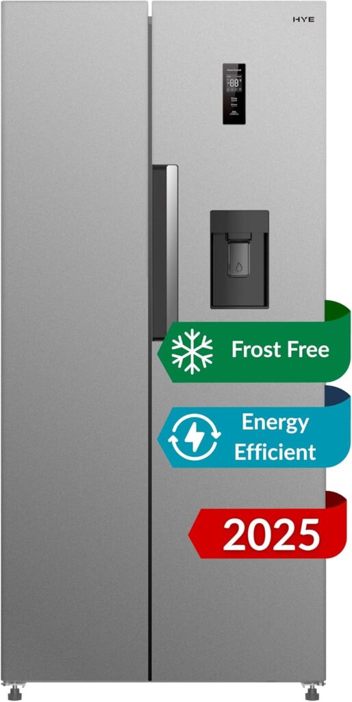 HYE American Fridge Freezer - Side By Side American Style Fridge Freezer With Water Dispenser, No Frost, 444L Freestanding Design, Low Noise (39dB), Cool Silver Finish - RF01AMWD460S03          [Energy Class E]