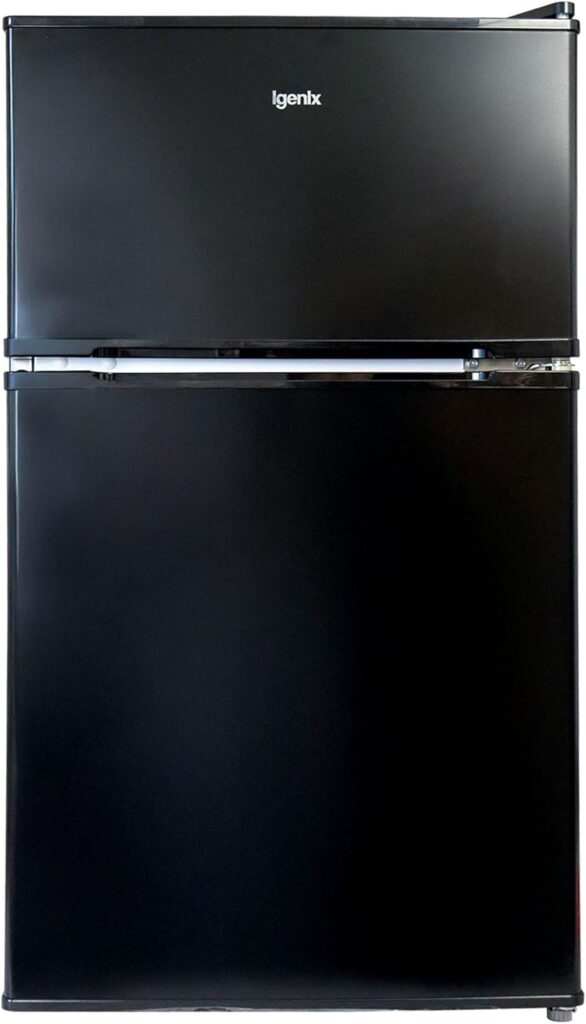 Igenix IG347FF Freestanding Under Counter Fridge Freezer with 1 Safety Glass Shelf and 1 Salad Drawer, Reversible Door with two compartments, Adjustable Feet, 47 cm Wide, White          [Energy Class E]