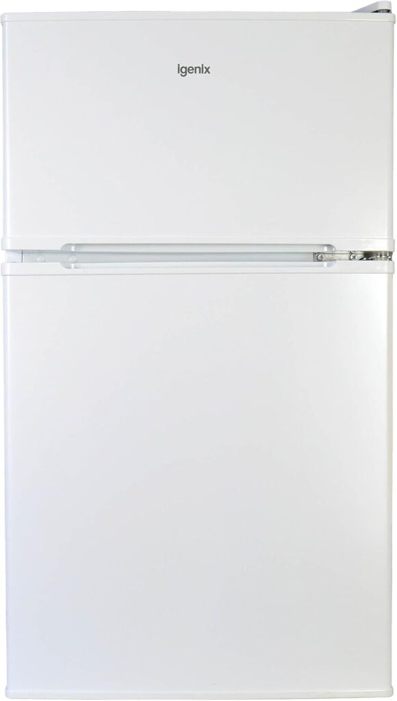 Igenix IG347FF Freestanding Under Counter Fridge Freezer with 1 Safety Glass Shelf and 1 Salad Drawer, Reversible Door with two compartments, Adjustable Feet, 47 cm Wide, White          [Energy Class E]