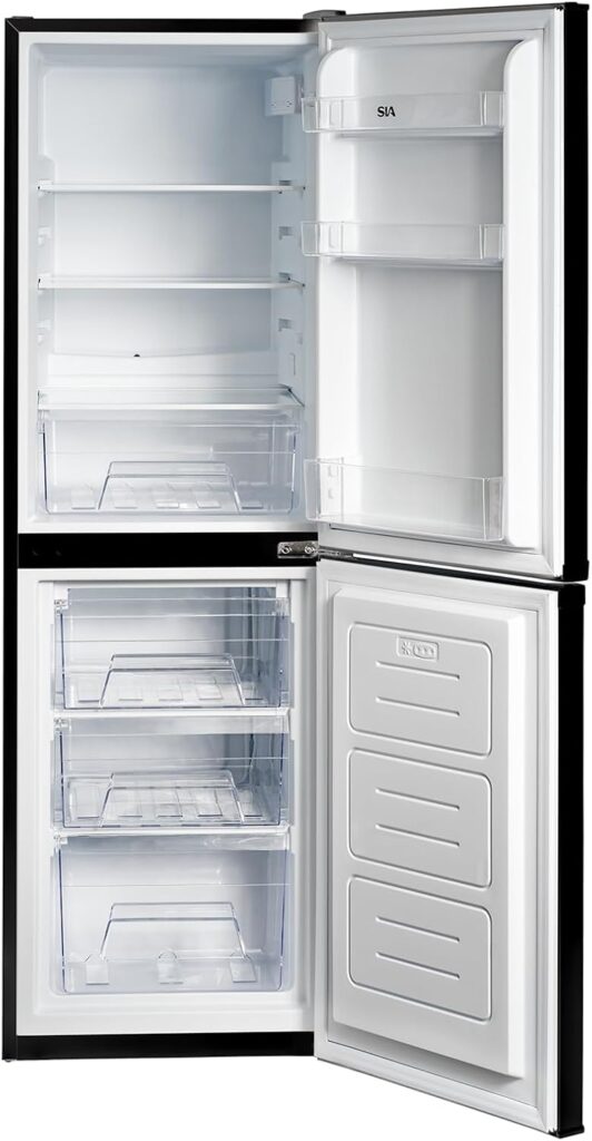 SIA SFF15050BLE 50/50 Split Freestanding 149L Combi Fridge Freezer in Black, Low Frost, 4* Freezer Compartment, E Rated, 2 Years Parts  Labour Guarantee          [Energy Class E]