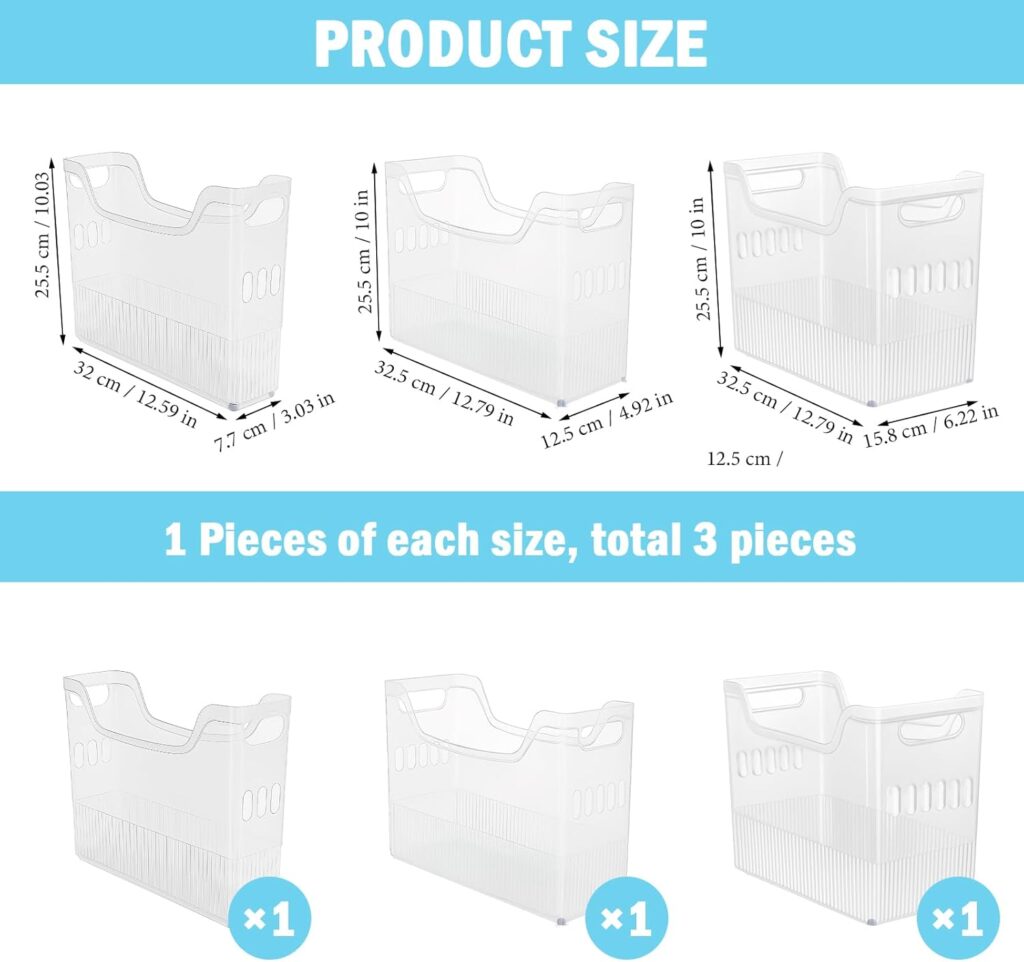 3 Pcs Plastic Fridge Organizer Bins with Wheels, 3 Sizes Clear Freezer Food Storage Containers, Pantry Tall Narrow Rolling Bins with Handles for Kitchen Chest Cabinet Bathroom Countertop Office