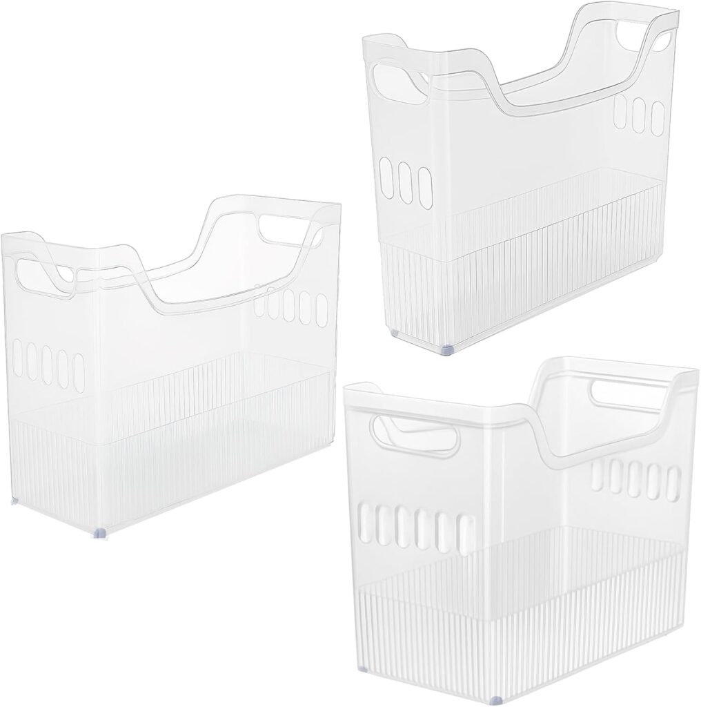3 Pcs Plastic Fridge Organizer Bins with Wheels, 3 Sizes Clear Freezer Food Storage Containers, Pantry Tall Narrow Rolling Bins with Handles for Kitchen Chest Cabinet Bathroom Countertop Office