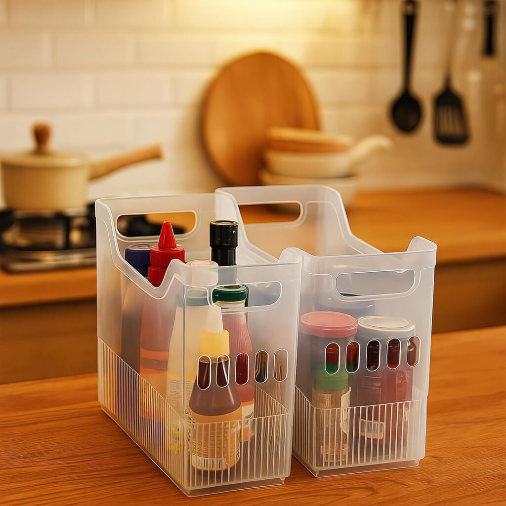 3 Pcs Plastic Fridge Organizer Bins with Wheels, 3 Sizes Clear Freezer Food Storage Containers, Pantry Tall Narrow Rolling Bins with Handles for Kitchen Chest Cabinet Bathroom Countertop Office