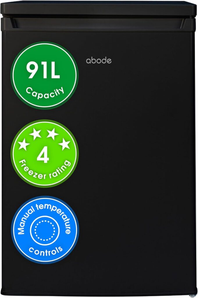 Abode Under Counter Freezer 48cm Wide Freestanding Black 60 Litre with 3 Drawers, Adjustable Feet  Reversible Door, 4 Star Freezer, Suitable for Garages  Outbuildings A85UCFZ482E1B (Black, 48 cm)          [Energy Class E]