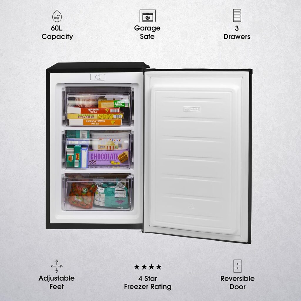 Abode Under Counter Freezer 48cm Wide Freestanding Black 60 Litre with 3 Drawers, Adjustable Feet  Reversible Door, 4 Star Freezer, Suitable for Garages  Outbuildings A85UCFZ482E1B (Black, 48 cm)          [Energy Class E]