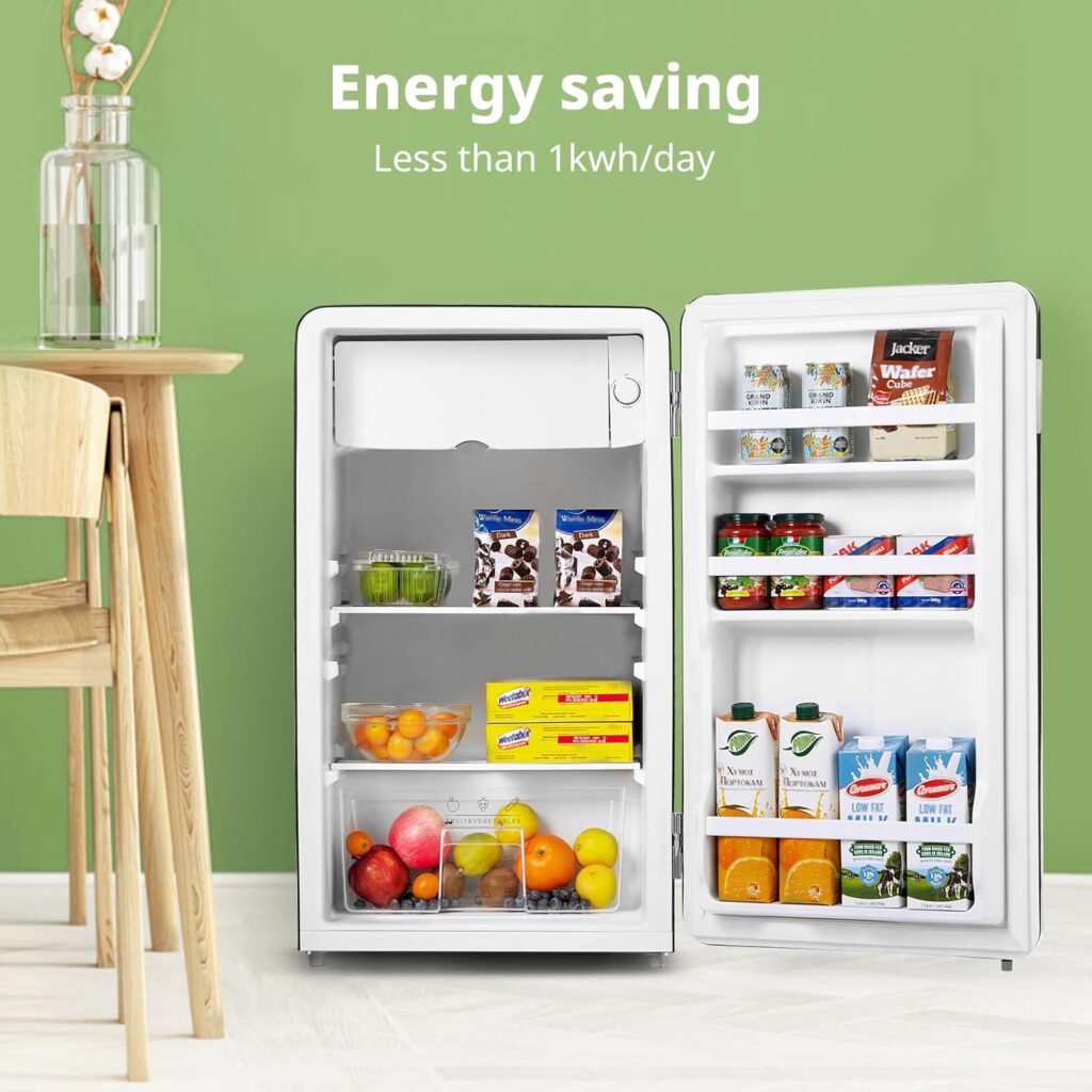 COMFEE RCD93BL2UKRT(E) Under Counter Fridge, 93L Retro Freestanding Fridge with Chiller Box, Adjustable Thermostats, LED light, Black          [Energy Class E]