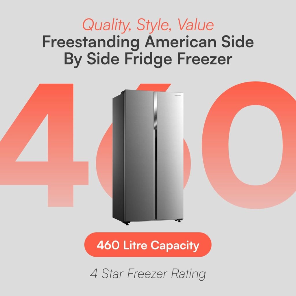 Cookology CSBS460IX 460 Litre Freestanding American Side-by-Side Fridge Freezer, Frost Free, Adjustable Temperature Control with Super Freeze Setting - In Inox          [Energy Class A]