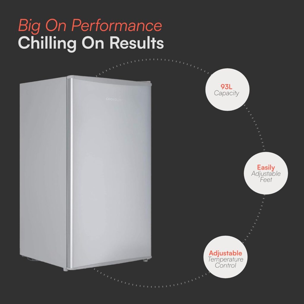 Cookology UCIF93SL Freestanding under counter Fridge in Silver - 93 Litre Capacity - Adjustable Temperature Control  Legs - With Chiller Box          [Energy Class F]