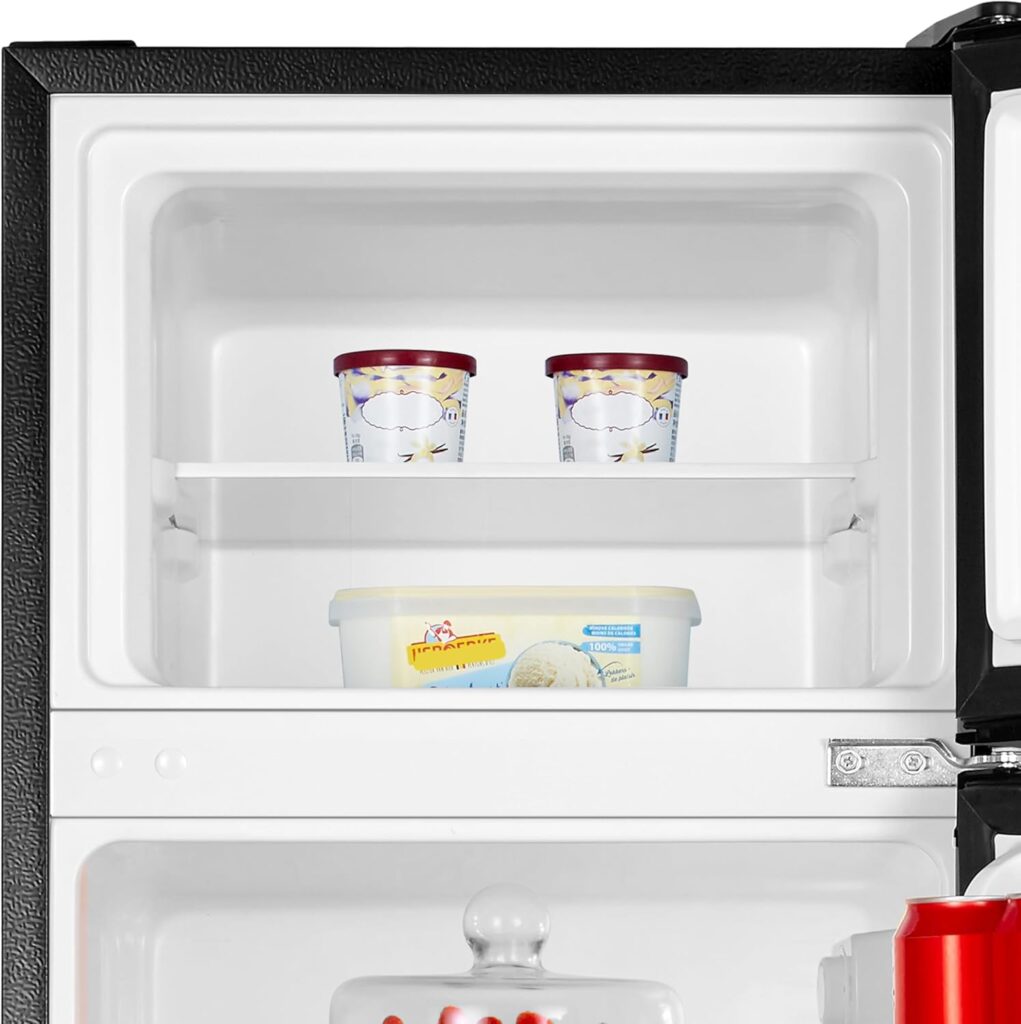 Fridgemaster MTM48120ES 48cm Freestanding Top Mounted Fridge Freezer - 124-litre capacity with Adjustable Thermostat - Reversible Door - LED Lighting- 4 Star Freezer Rating - White - E Rated          [Energy Class E]