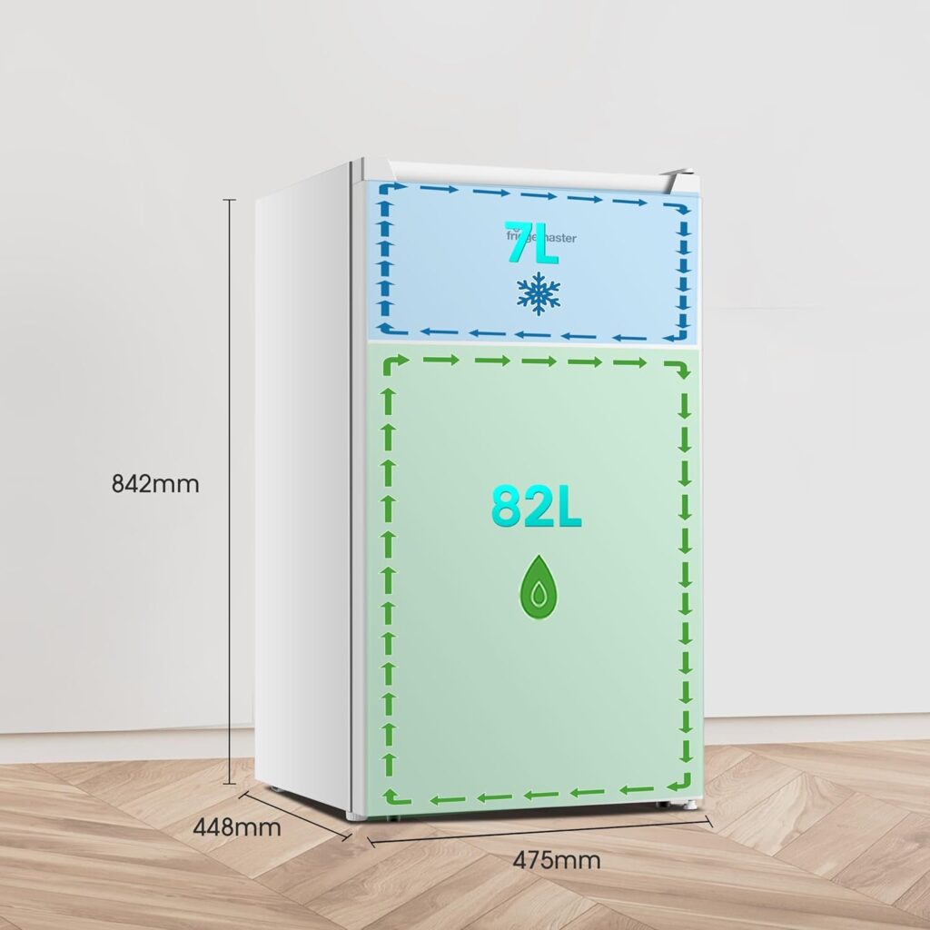 Fridgemaster MUR4894E 82L Under Counter Fridge with LED Lighting, Adjustable Temperature Control, Reversible Door and 3 star Ice Box, White, E rated          [Energy Class E]