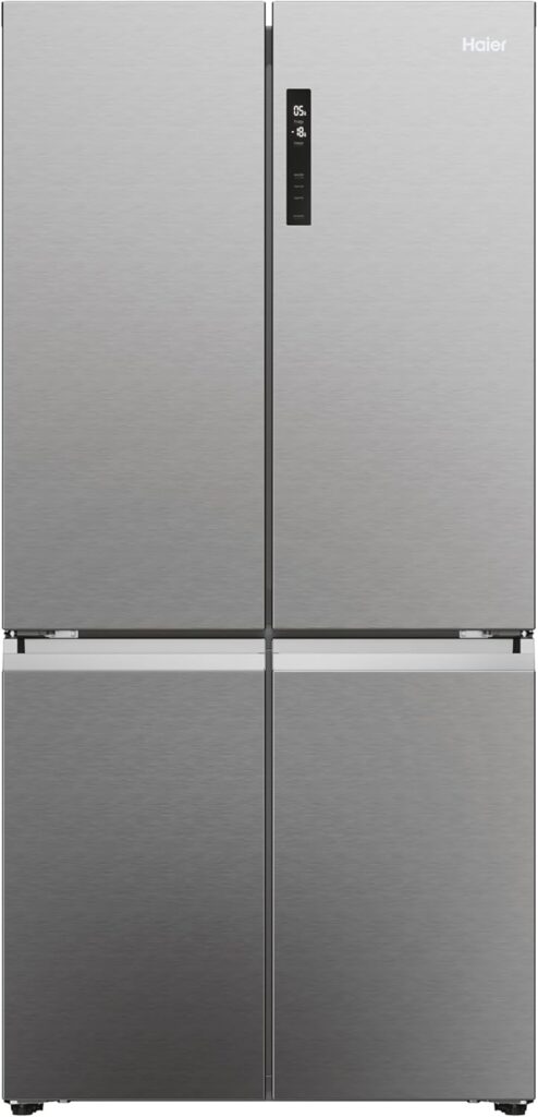 Haier Cube 90 Series 5 Freestanding American Fridge Freezer, 4 Doors, Total No Frost, E Class, Air Surround, T-ABT Antibacterial System, 528L Total Capacity, Platinum Inox, 91x65x190 cm - HCR5919ENMP          [Energy Class E]