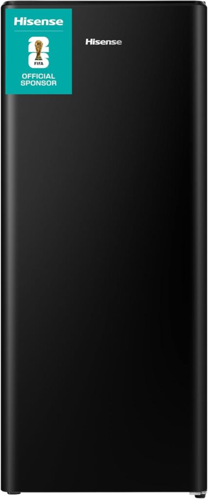 Hisense RR220D4BBE 52cm Freestanding Retro Fridge - 165-litre capacity with 4 star Ice box - Auto Defrost - Wine Rack - Black- E Rated, H128 x W51.9 x D51.3          [Energy Class E]