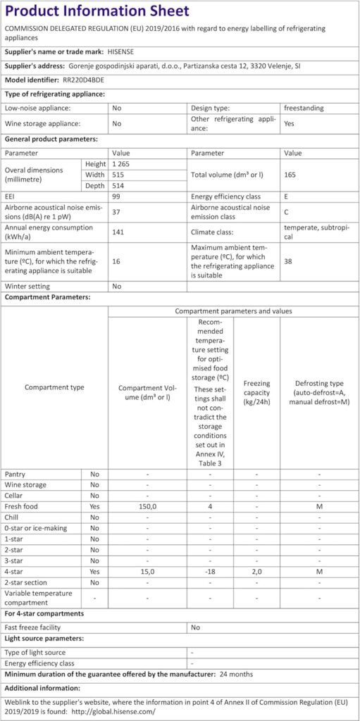 Hisense RR220D4BDE 52cm Freestanding Retro Fridge - 165-litre capacity with 4 star Ice box- Auto Defrost - Wine Rack - Silver - E Rated, H128 x W51.9 x D51.3          [Energy Class E]