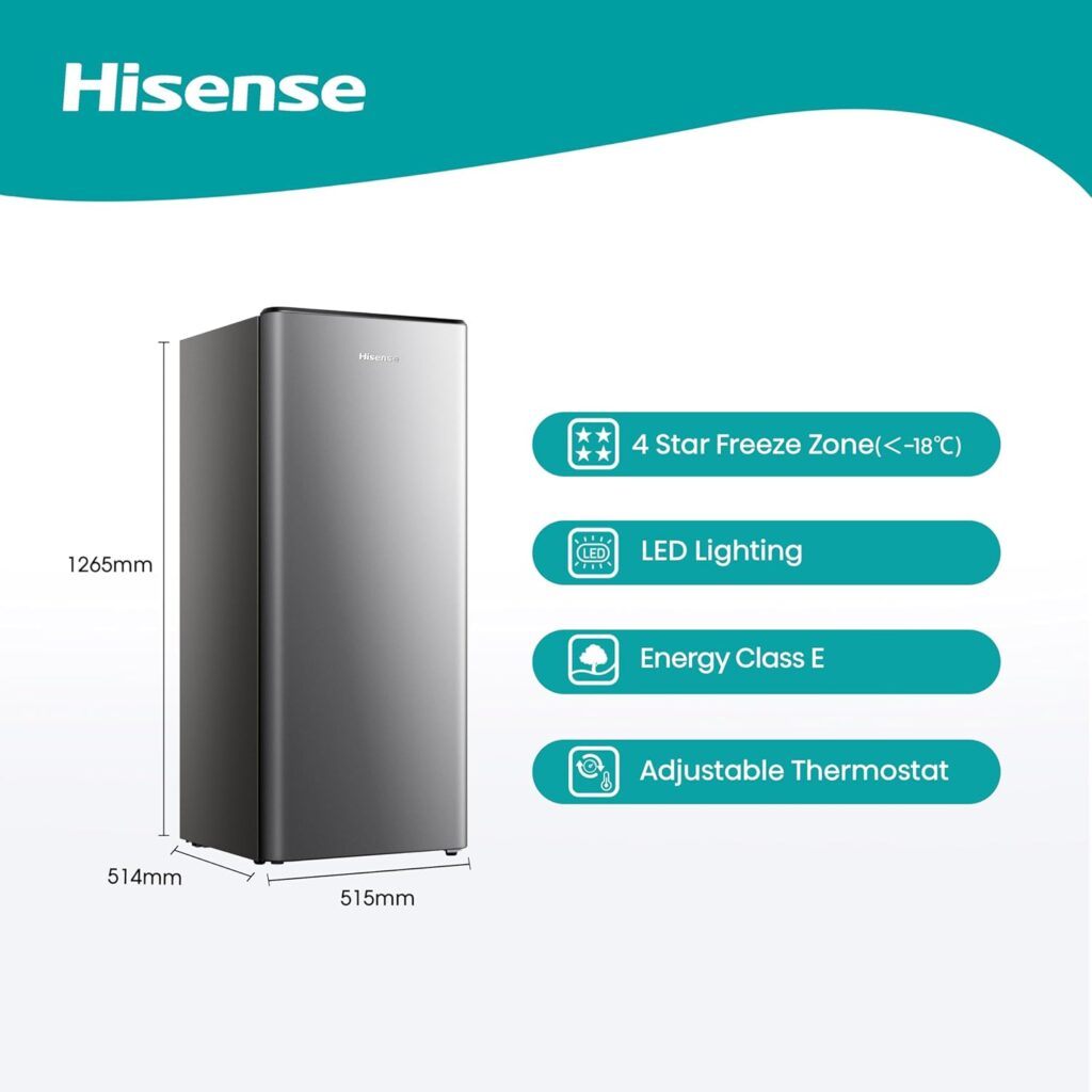 Hisense RR220D4BDE 52cm Freestanding Retro Fridge - 165-litre capacity with 4 star Ice box- Auto Defrost - Wine Rack - Silver - E Rated, H128 x W51.9 x D51.3          [Energy Class E]