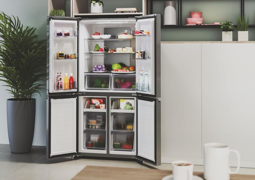 Hoover H-FRIDGE 700 MAXI Freestanding American Fridge Freezer, 4 Doors, Total No Frost Technology, E Class, 467L Total Capacity, Smart Inverter Compressor, Gentle Silver, 83x65x182 cm - HHCR3818ENPL          [Energy Class E]