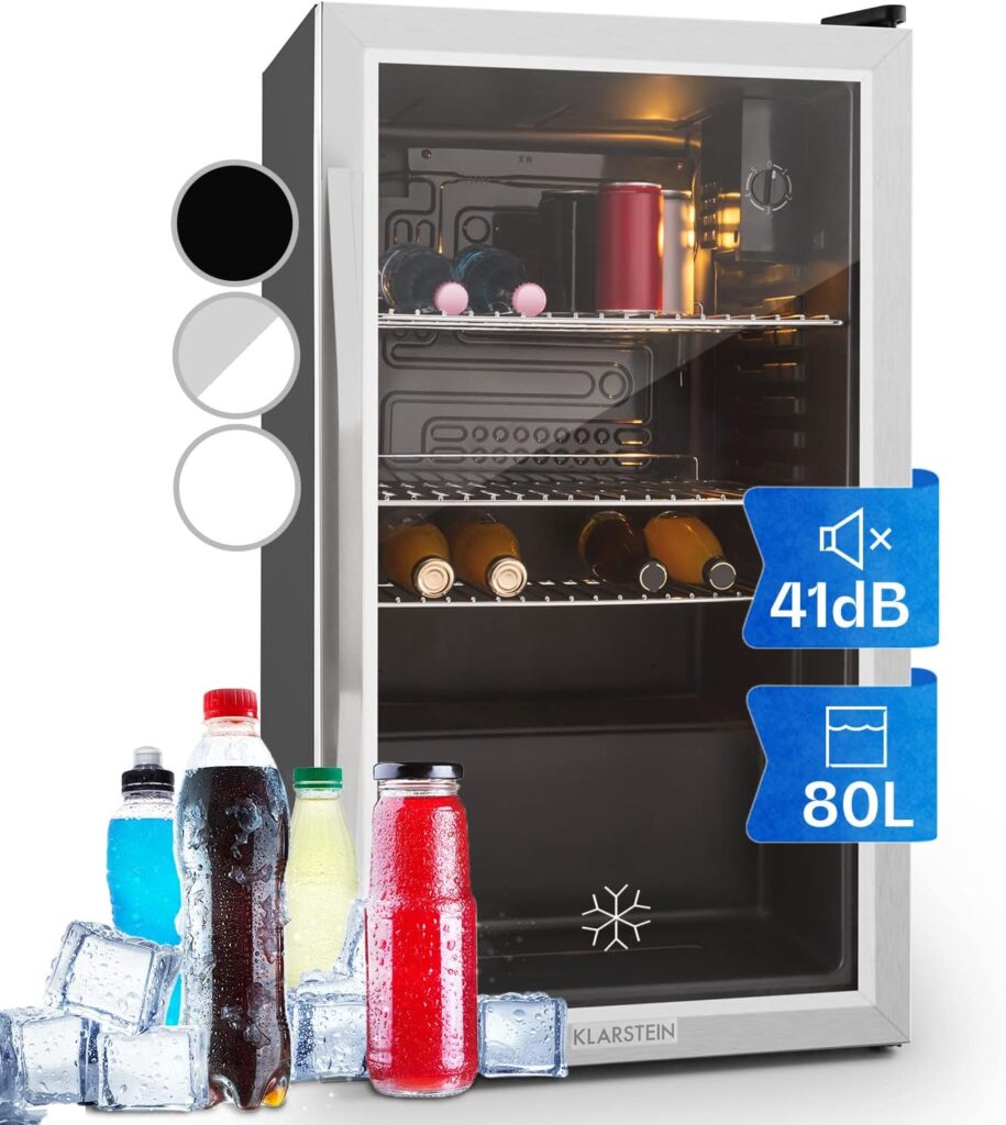 Klarstein 60L Glass Mini Fridge, Beer  Wine Cooler, Quiet, Soft Drinks, Removable Shelves, 3-10°C Range