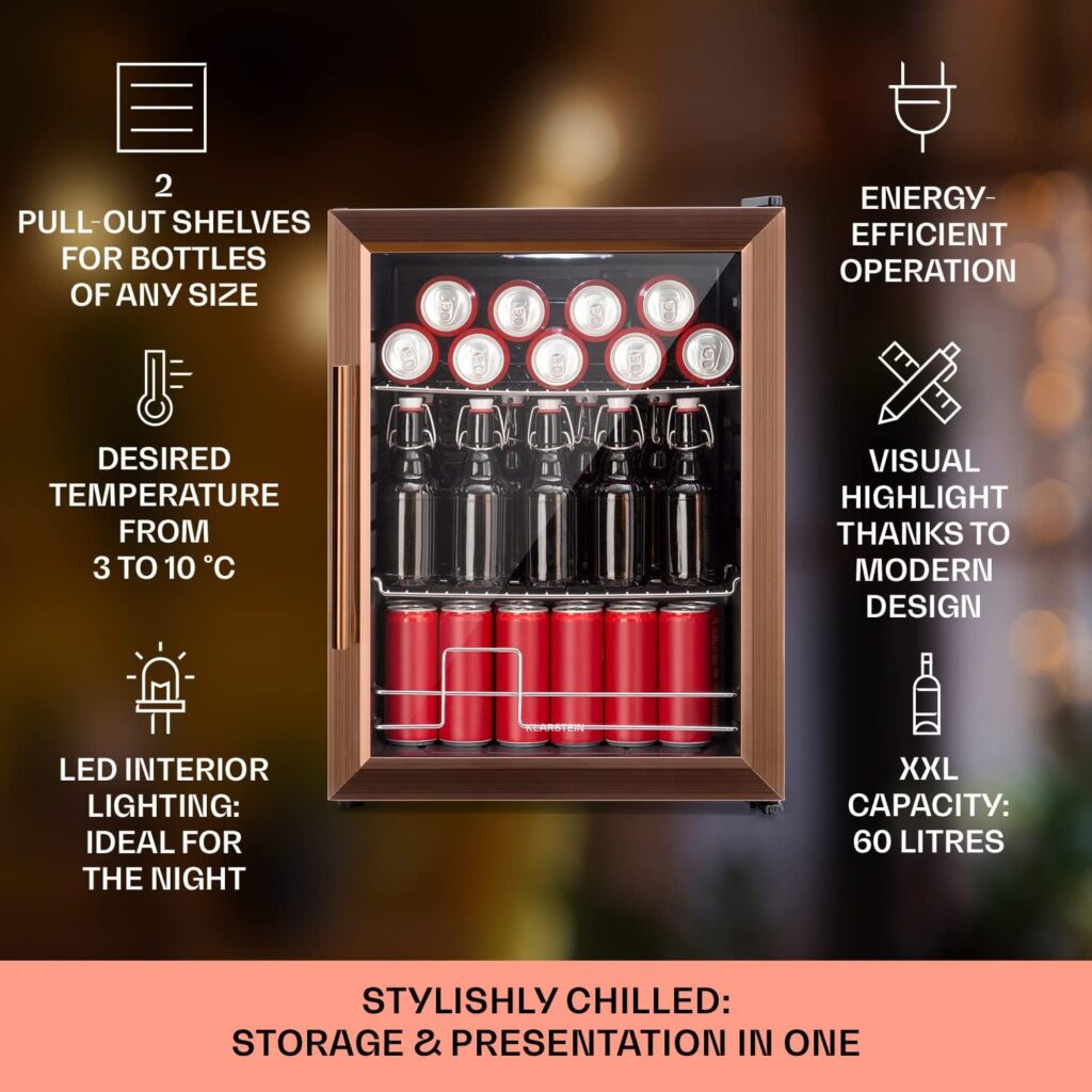 Klarstein 60L Glass Mini Fridge, Beer  Wine Cooler, Quiet, Soft Drinks, Removable Shelves, 3-10°C Range