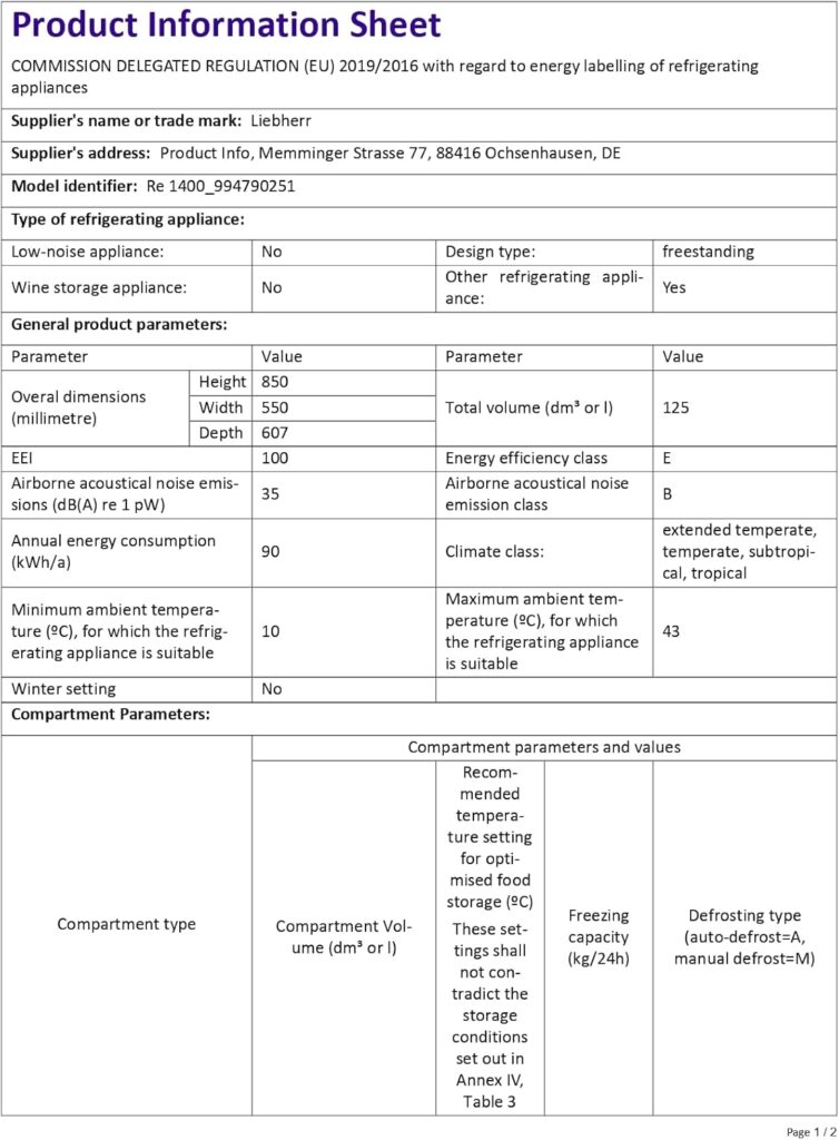 Liebherr Pure RE1400 55cm Wide 125 Litre LED Lighting Under Counter White Larder Freestanding Fridge with Lever External Handle          [Energy Class E]