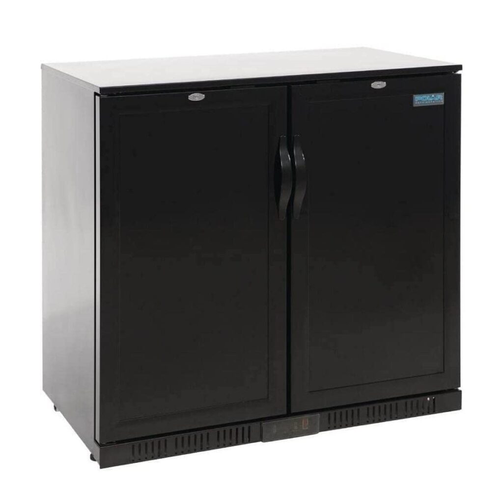 Polar Refrigeration G-Series 230W Back Bar Cooler Fridge with Solid Lockable Doors 208 Litre, Black, 2°C to 8°C, 900(H)x900(W)x520(D)mm, 4 Shelves, Capacity 180x 330ml Bottles, Energy Rating A | GL016