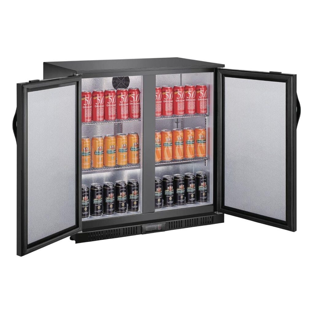 Polar Refrigeration G-series 230W Double Door Back Bar Cooler Fridge 198 Litre, Black, 2°C to 8°C, 850(H)x900(W)x520(D)mm, Solid Lockable Doors, 4 Shelves, Energy Rating A | GE998 Polar Refrigeration G-series 230W Double Door Back Bar Cooler Fridge 198 Litre, Black, 2°C to 8°C, 850(H)x900(W)x520(D)mm, Solid Lockable Doors, 4 Shelves, Energy Rating A | GE998