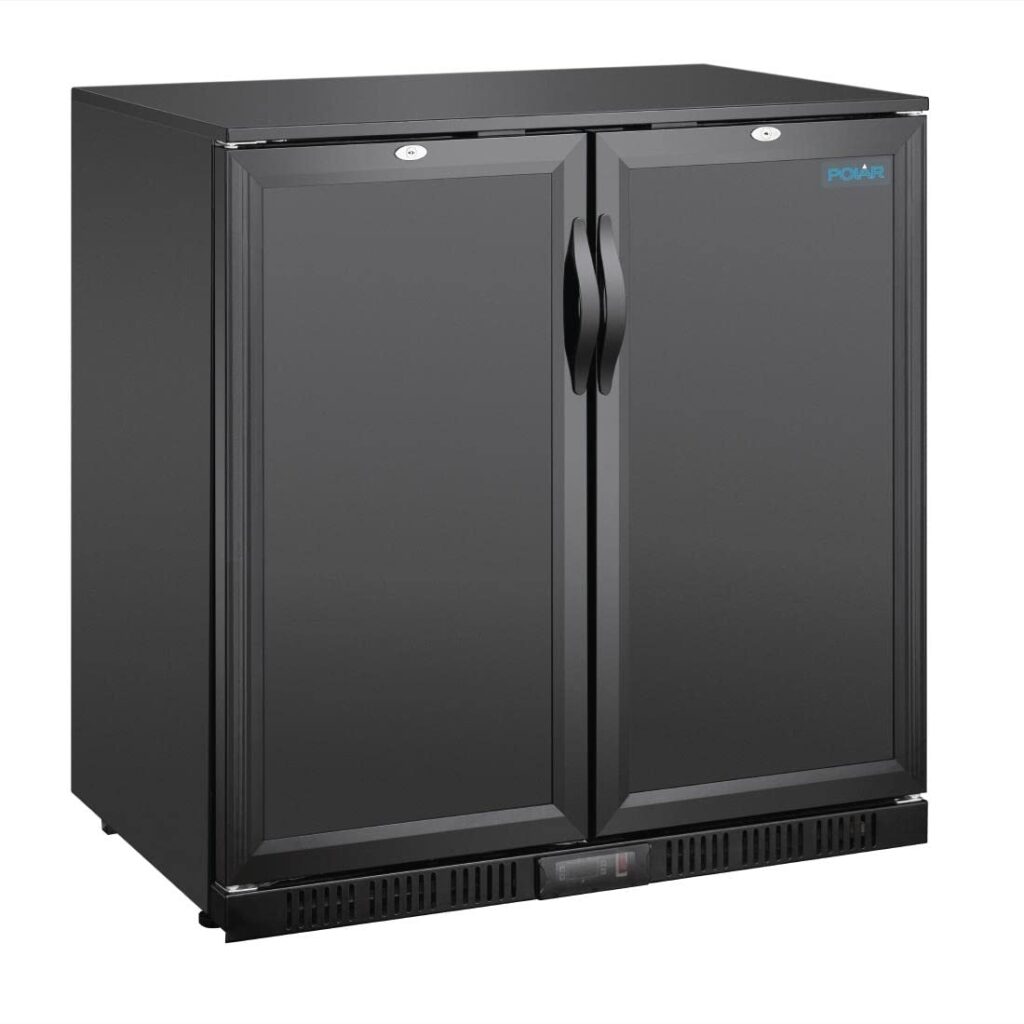 Polar Refrigeration G-series 230W Double Door Back Bar Cooler Fridge 198 Litre, Black, 2°C to 8°C, 850(H)x900(W)x520(D)mm, Solid Lockable Doors, 4 Shelves, Energy Rating A | GE998 Polar Refrigeration G-series 230W Double Door Back Bar Cooler Fridge 198 Litre, Black, 2°C to 8°C, 850(H)x900(W)x520(D)mm, Solid Lockable Doors, 4 Shelves, Energy Rating A | GE998