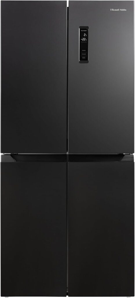 Russell Hobbs Freestanding 4 Door American Fridge Freezer 421 Litre in Black Steel, Total No Frost, 271L Fridge  150L Freezer, with LED Display, RH180A4FF802E1BS          [Energy Class E]