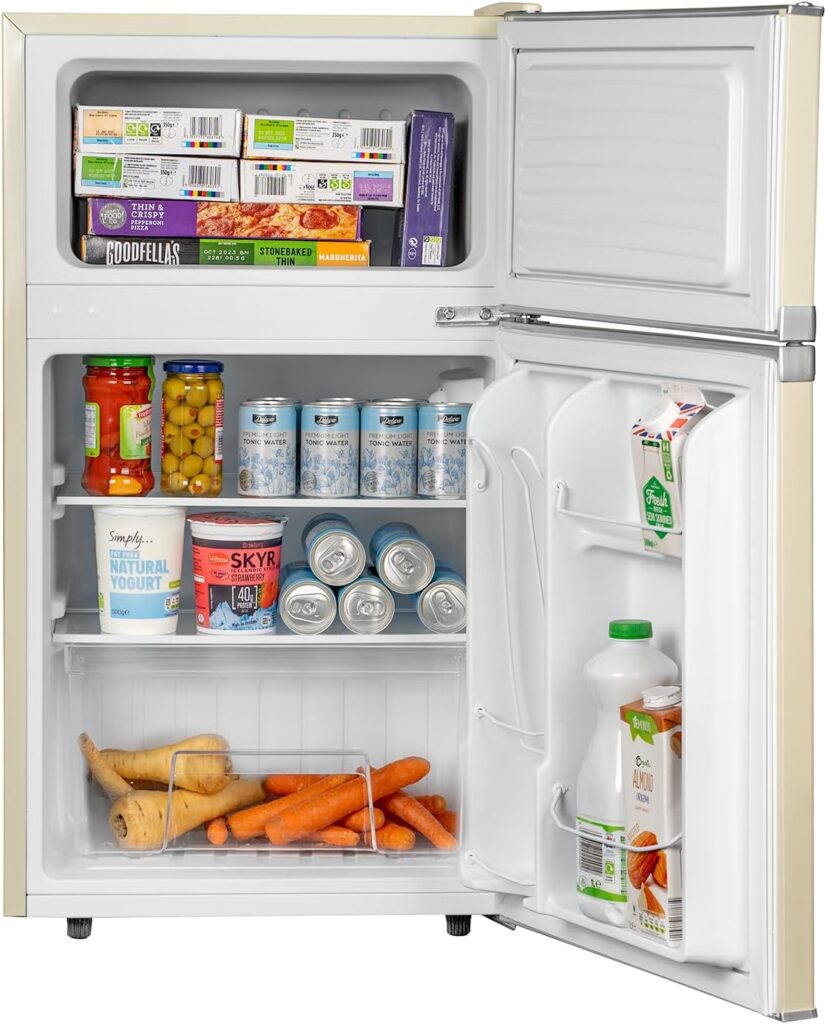 SIA RFM88C 88L Freestanding Under Counter Cream Retro Fridge Freezer, Adjustable Thermostat, Interior LED Light, 2 Years Parts and Labour Guarantee SIA RFM88C 88L Freestanding Under Counter Cream Retro Fridge Freezer, Adjustable Thermostat, Interior LED Light, 2 Years Parts and Labour Guarantee