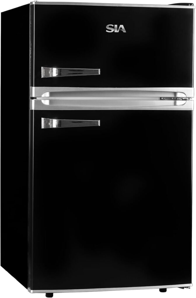 SIA RFM88K 88L Freestanding Under Counter Black Retro Fridge Freezer, Adjustable Thermostat, Interior LED Light, 2 Years Parts and Labour Guarantee          [Energy Class E]