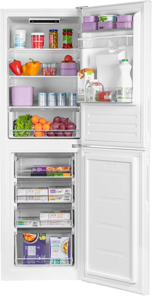 SIA SFF17650W 50/50 Split Freestanding 252L Combi Fridge Freezer with Water Dispenser, Includes 3 Glass Fridge Shelves  4 Freezer Compartments, White, 54.5 x 55 x 176 cm          [Energy Class F]