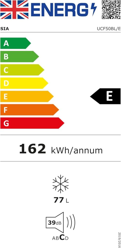 SIA UCF50BL Freestanding Under Counter Freezer, 77L Capacity, 4* Freezer Rating, E Rated, 50cm Wide, Reversible Door, Black, 2 Years Parts  Labour Guarantee          [Energy Class E]