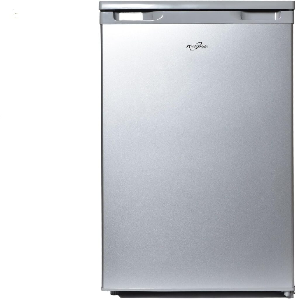 Statesman R155S Under Counter Fridge with 4* Ice Box, 55cm, Fridge 97 Litres, Freezer 16 Litres, 1 Adjustable Glass Shelf, Reversible Doors, Internal Light, Large Salad Drawer, Silver          [Energy Class E]