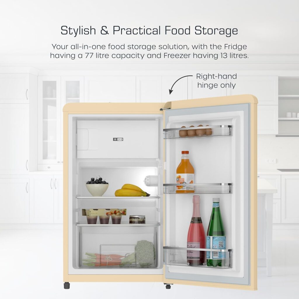 SWAN SR11035CNE Retro Under Counter Fridge with 77L Fridge Capacity, 13L Freezer Capacity, 1 Glass Shelf, 3 Door Shelves, 1 Salad Drawer, E Energy Rated, Cream          [Energy Class E]