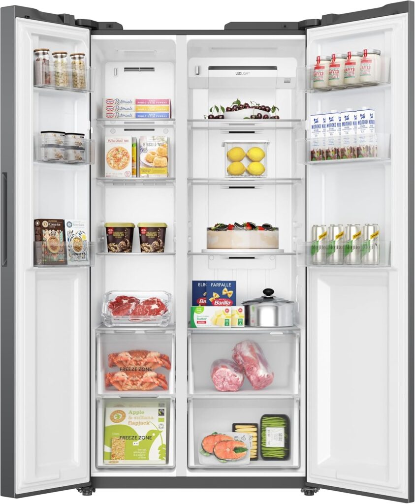 Teknix TX2SBS1791PBIX American Side by Side Door Fridge Freezer - 530L Capacity - Frost Free - Digital Controls - Silver, H177.5 x W91.0 x D65.0 (cm)          [Energy Class E]