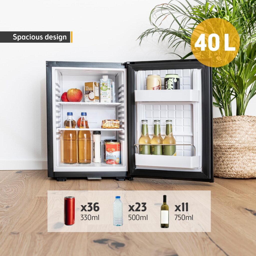 TZS First Austria - Mini fridge 40L silent  lockable - Small Minifridge, with reversible door hinge  interior lighting - Low noise Minibar for camping, office, bedroom  hotel - Matte black          [Energy Class E]